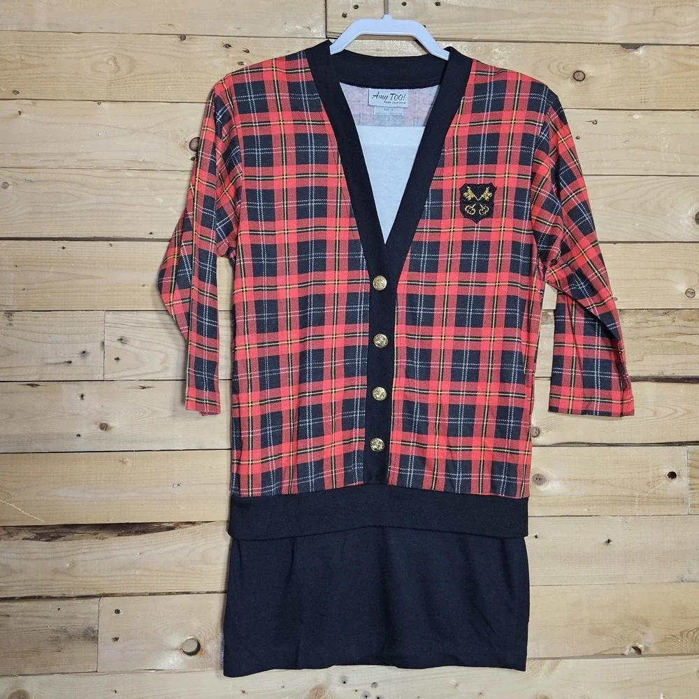 Vintage 90s Dress 12 School Preppy Y2K‎ Tartan Plaid Crest Academia - Picture 3 of 10